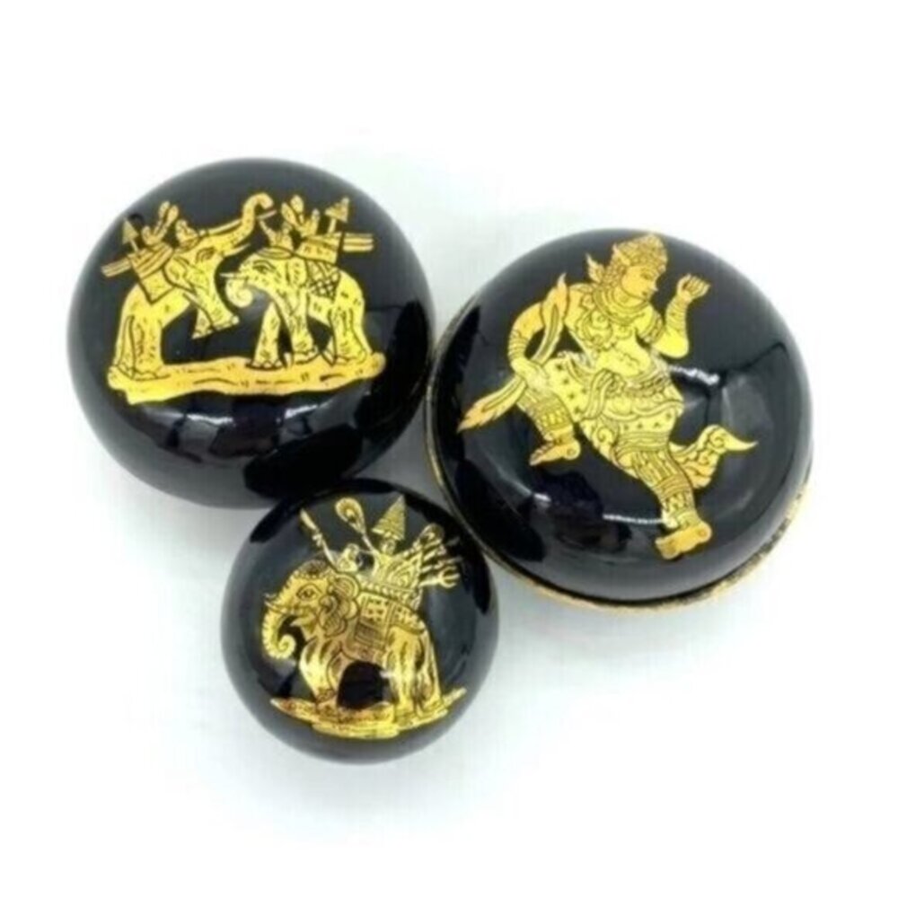 Burmese Lacquerware Gold Accented Trinket Boxes Set Of 3